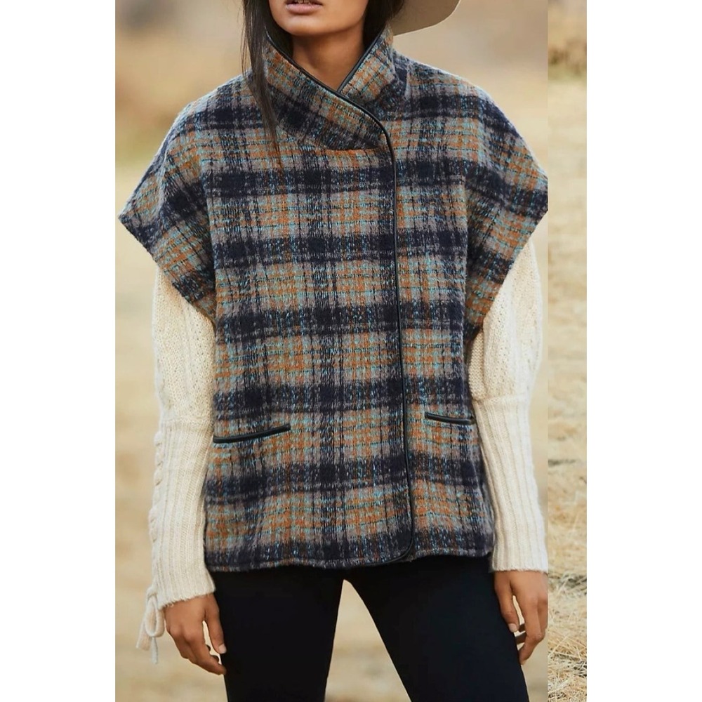 ANDERSEN&LAUTH by Anthropologie multicolor plaid snap front capelet /vest OS